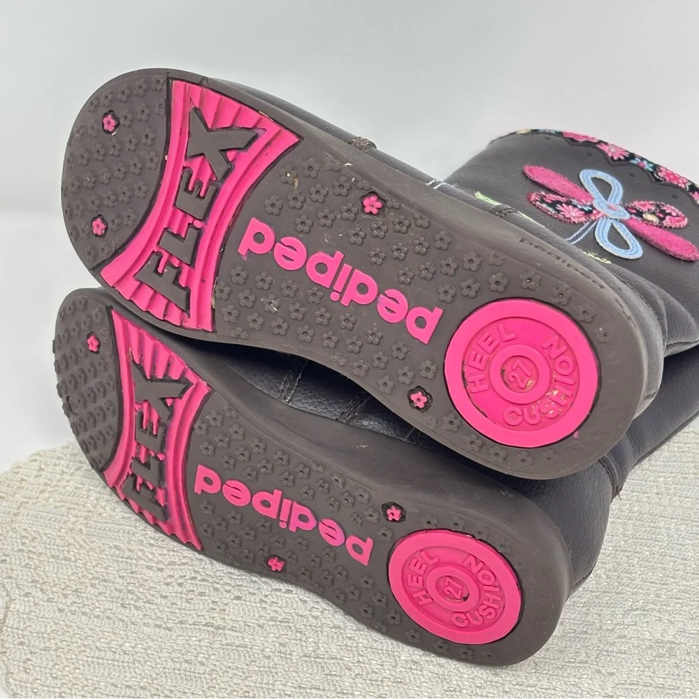 Pediped Kenadi Boot Brown Leather Floral Appliqué Rubber Soles Toddler Girl 10